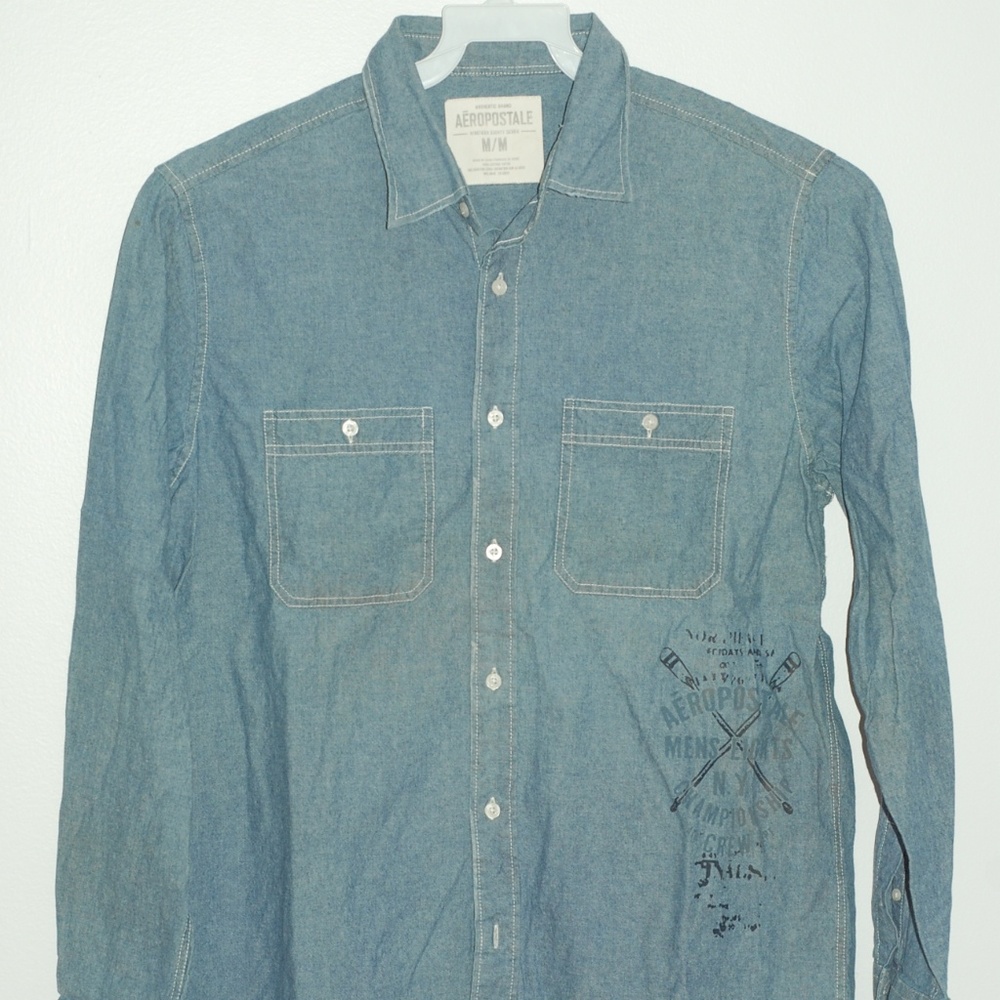 Aeropstale Mens Long Sleeve Denim Button Up Shirt